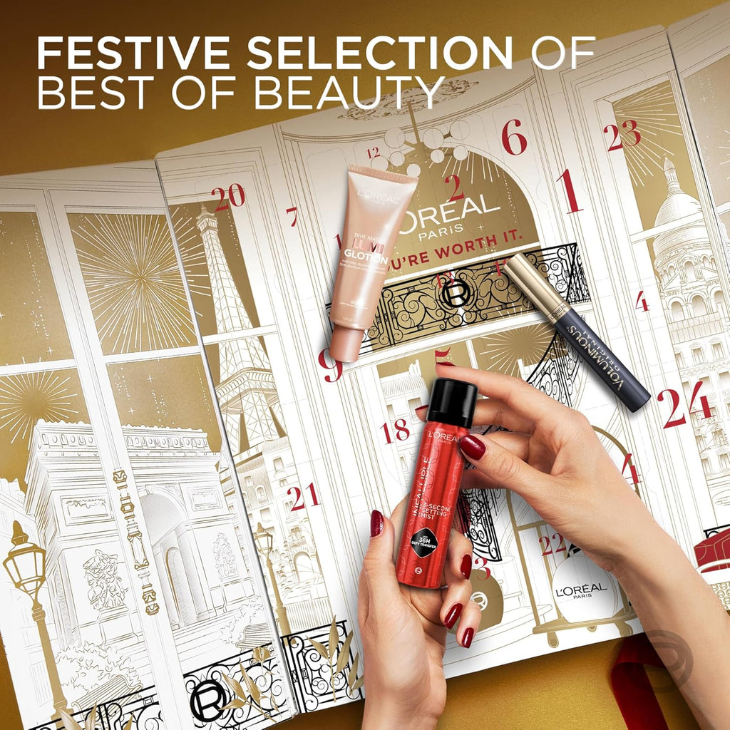 L'Oreal Paris Calendario de Adviento de belleza de 24 días 2025, el juego de regalo incluye maquillaje, cuidado de la piel y productos para el cuidado del cabello en miniatura y de lujo
